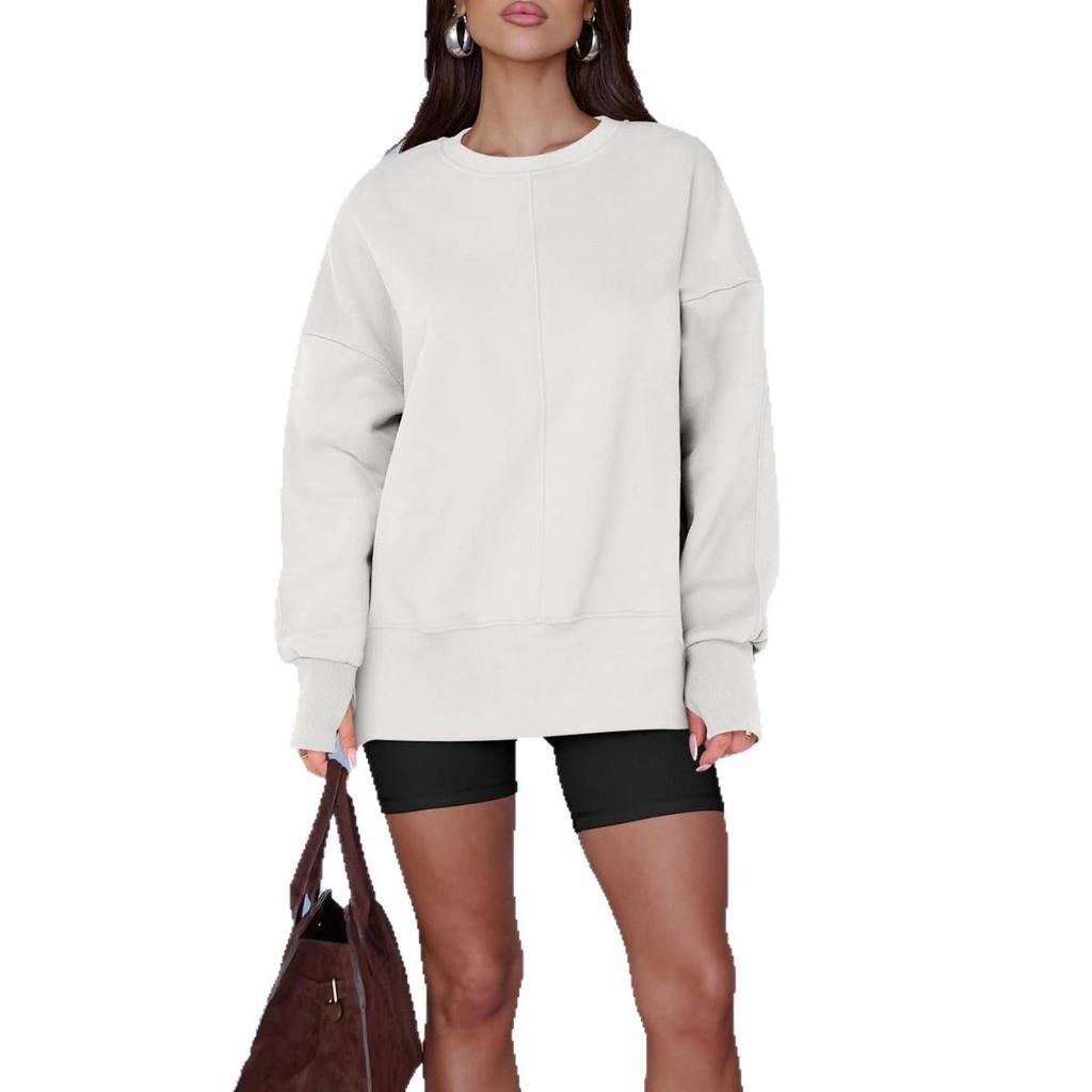 Autumn Winter Women's Split Hem Sweatshirt, Round Neck Long Sleeve Layering Top with Solid Color Design, Casual Basic Loungewear for Daily Wear