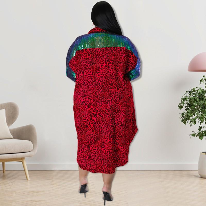 Plus Size Womens Leopard Print Long Sleeve Shirt With Sequin Accent Loose Fit Streetwear Top Winter Collection