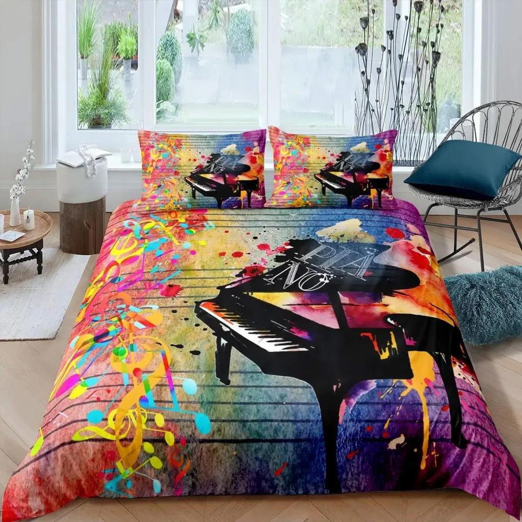 Piano Keys Duvet Cover Set Rotating Musical Notes Bedding Set Tie Dye Bedding Set Retro Music Comforter Cover Bedclothes Queen
