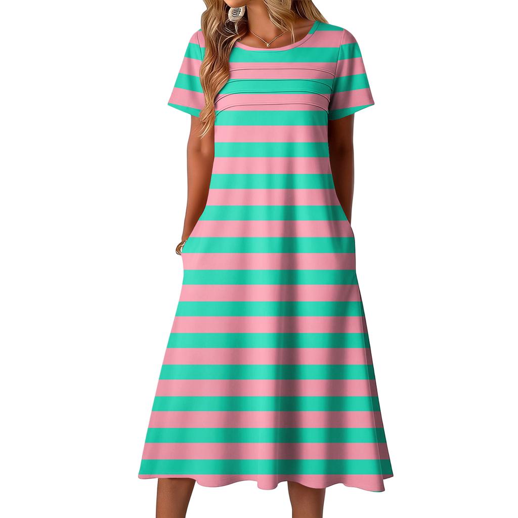 Ladies' striped printed casual and fashionable short sleeved round neck dress