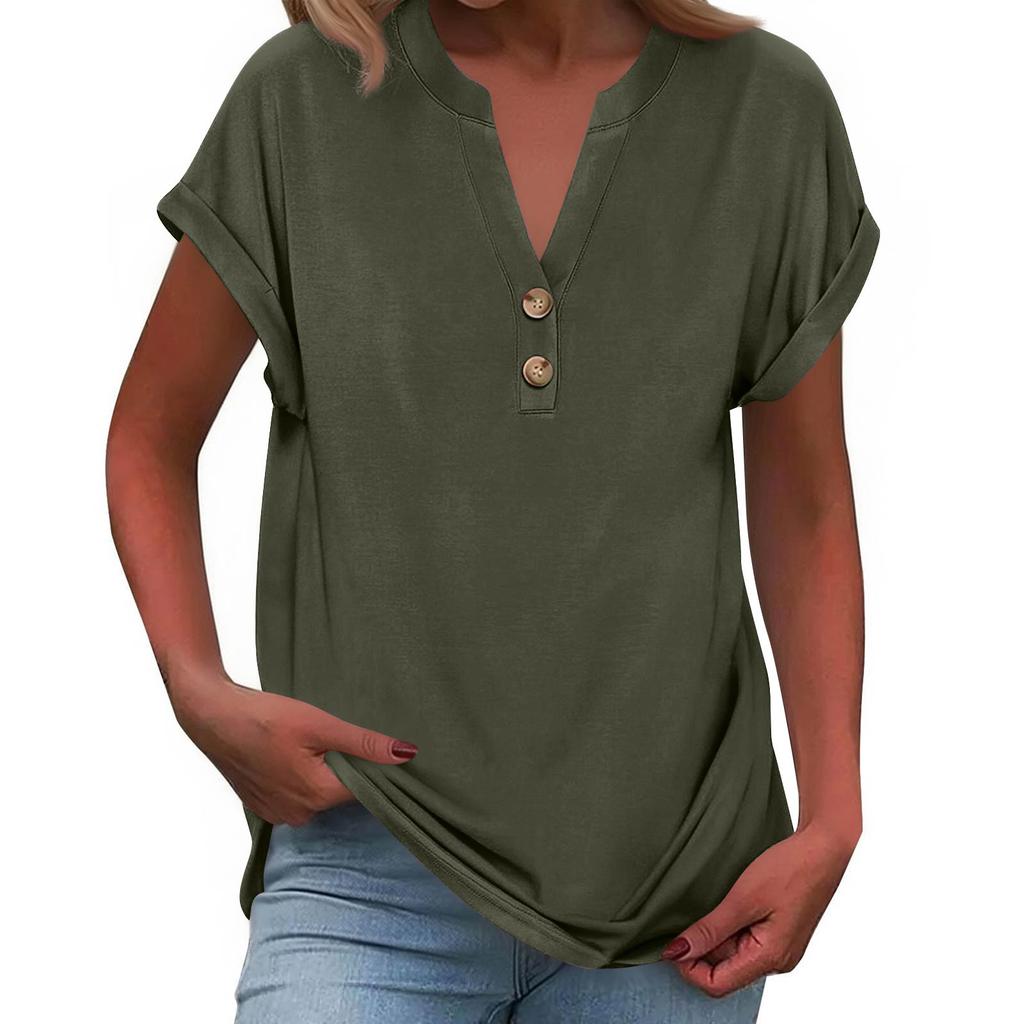 Women's Fashionable Casual Loose-Fit Short-Sleeved Button-Up V-Neck -Colour T-Shirt Top