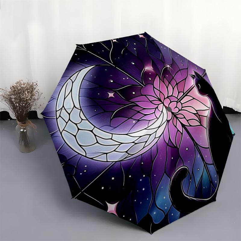 1pc Stained Glass Cat Moon Outdoor Umbrella - Automatic Opening/Closing, Portable Tri-Fold Design, 8-Rib Iron Frame, Festival Gift for Fans, Travelers