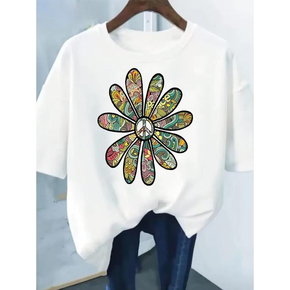 Flower Print Fashion Plant Trend Lovely print ladies T-shirt casual basics O-collar Black shirt short sleeve ladies T-shirts