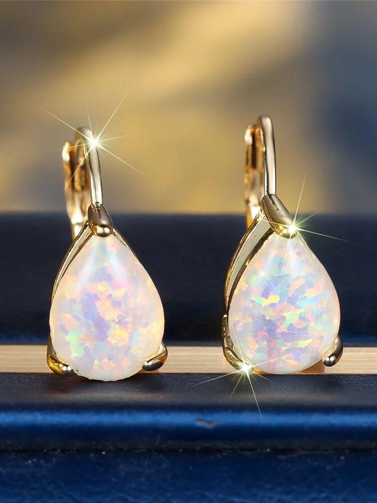 Female White Opal Water Drop Stone Hoop Earrings Vintage Fashion Gold Silver Color Wedding  For Women