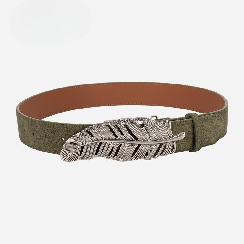 

Новый дизайн-сенсорные листья серебряная пряжка кожаный ремень женский матовый велюр ретро в сочетании с джинсами ремень европейский и американский ремень 105cm