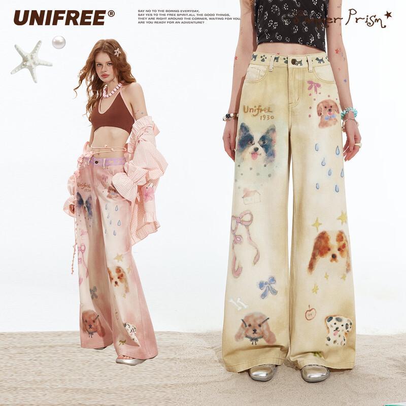 

UNIFREE 2026 Spring Plus Size Korean Style Cute Pet Print Loose Straight Casual Pants XL