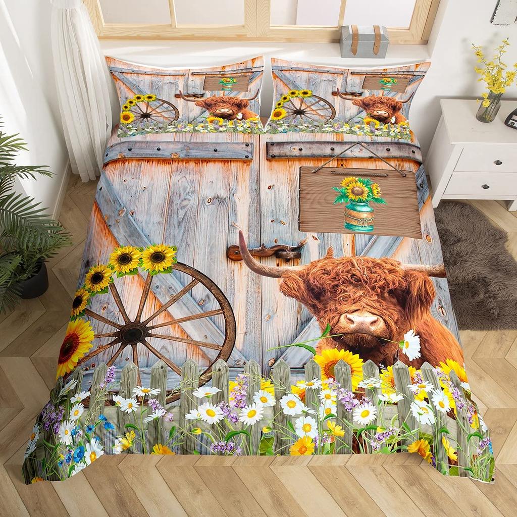 Kuh Bettbezug Set Twin King Size Bauernhoftier Bettwäsche Set Grüner Rankenblätter Druck Bettdeckenbezug Rustikale Holzbrett Steppdecke