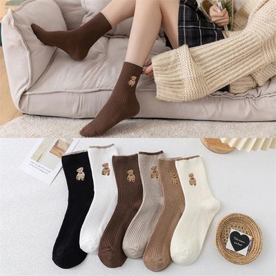 5 Pairs of Women's Embroidered Mid Tube Striped Bear Pile Socks
