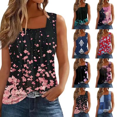 Women's Pleated Square Collar Sleeveless Vest Print T-shirt