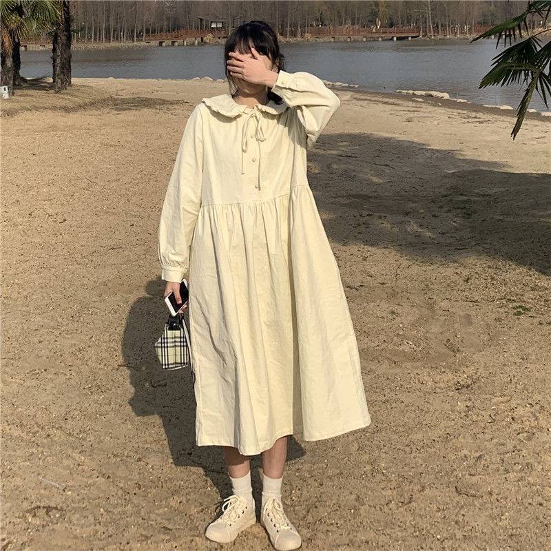 

Платья женские с длинным рукавом в винтажном японском консервативном стиле Kawaii с воротником Питера Пэна Свободное женское повседневное милое милое платье на шнуровке M