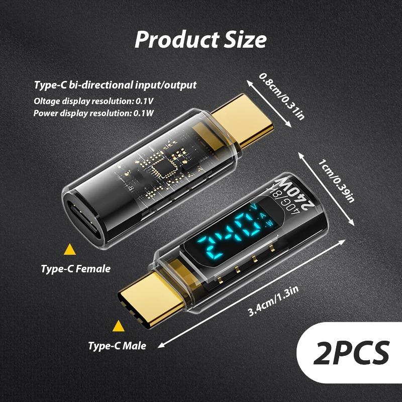 2pcs 240W USB C Adapter Power Meter Tester with Wattage LED Digital Display Multifunctional USB C Extension Adapter Data Transfer for iPhone 16/15