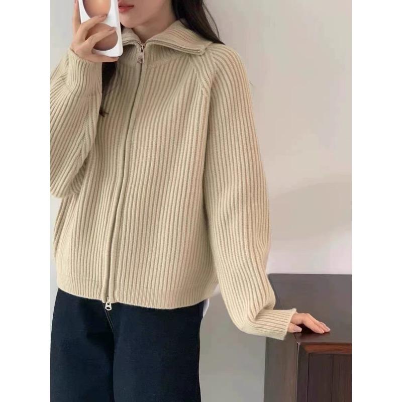 Retro zipper knitted cardigan women's autumn and winter new loose casual lazy wind lapel sweater jacket