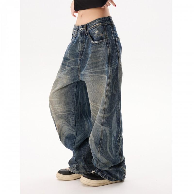 Wide Leg Distressed Straight Cut Denim Pants Men Women Water Washed Cotton High Street Style