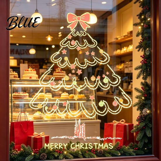 Festival Atmosphere Decors Christmas Tree Window Sticker, Simple Line Static Cling Decal, Waterproof Festive Stickers Removable PVC Decal for Holiday