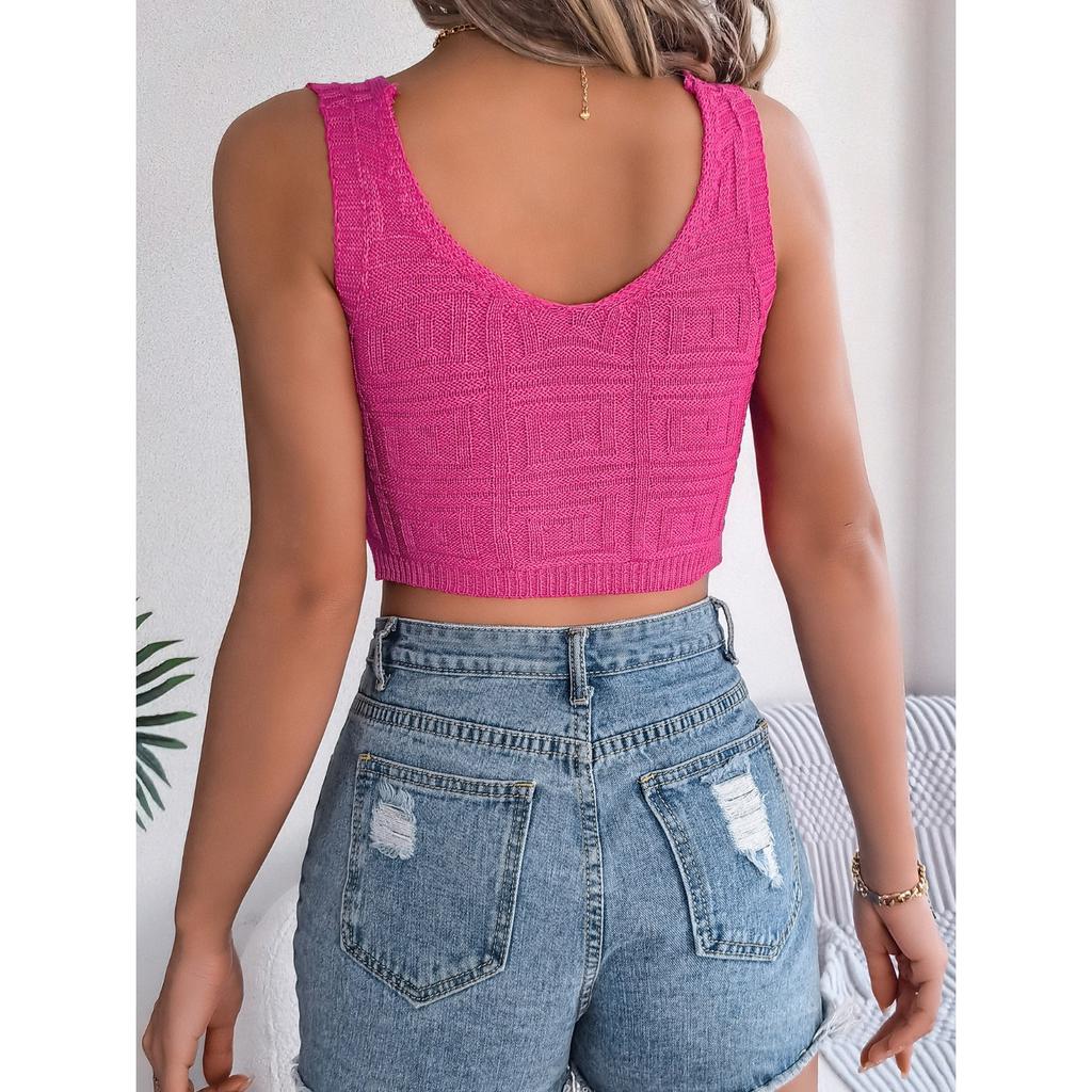 QICED Spring Summer Solid-color Knotted Crop Top for Vacation Women's Wear