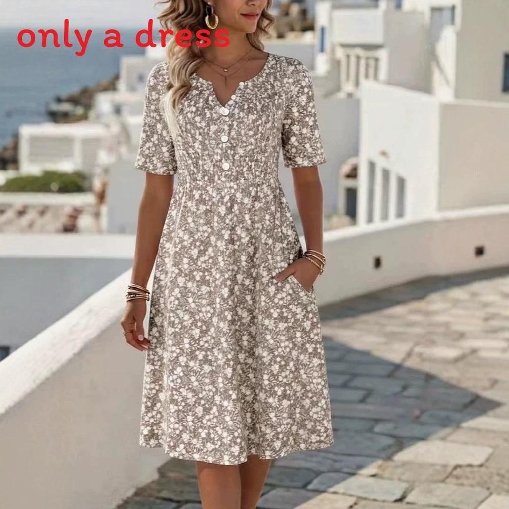 Abito Floreale Estivo con Scollo a V e Tasche per Viaggi Casual e Relax in Spiaggia