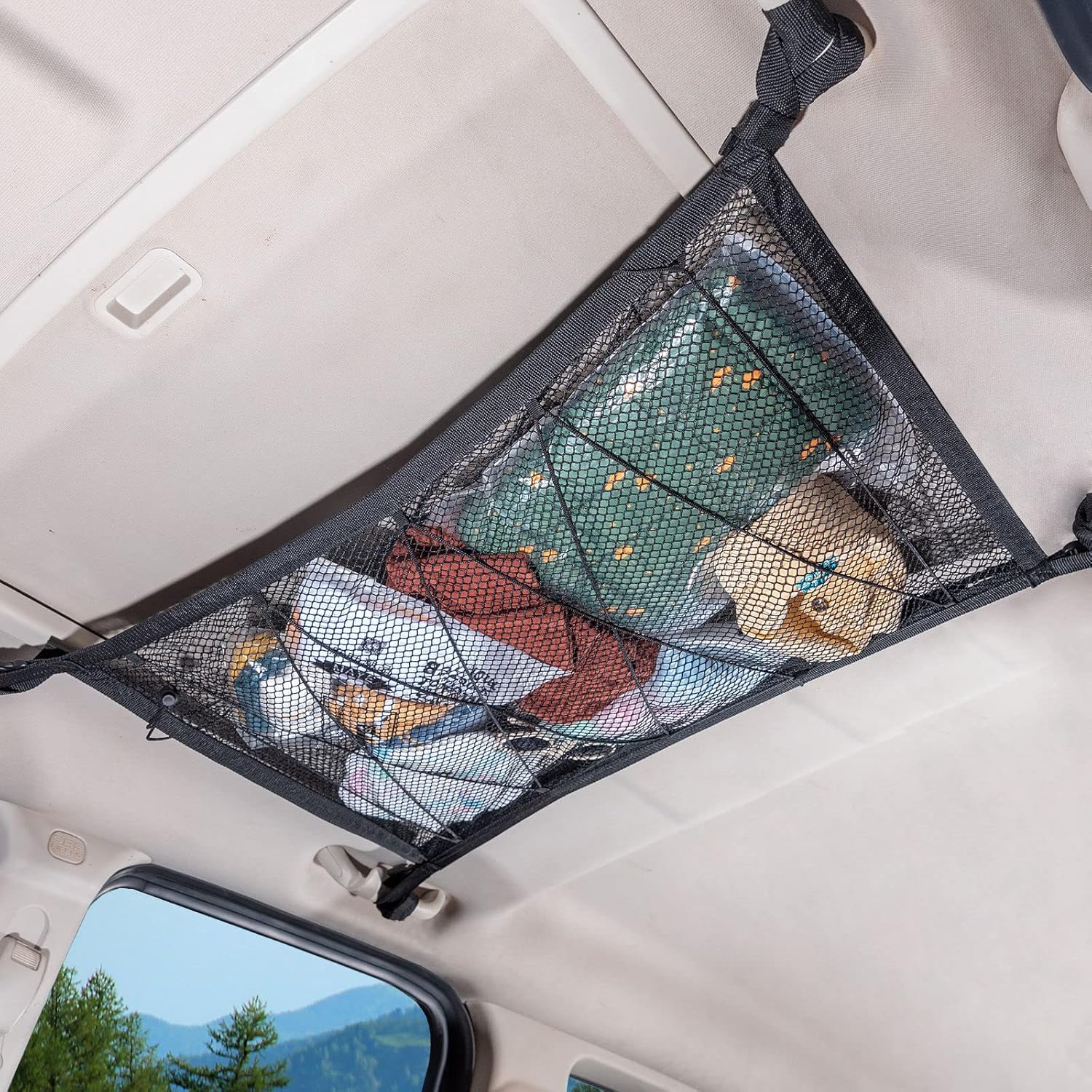 Kaskawise Car Ceiling Cargo Net, 31 x21  Adjustable Double-Layer Mesh SUV Roof Organizer, Van Life Accessories for Long Trip, Car Camping Essentials,