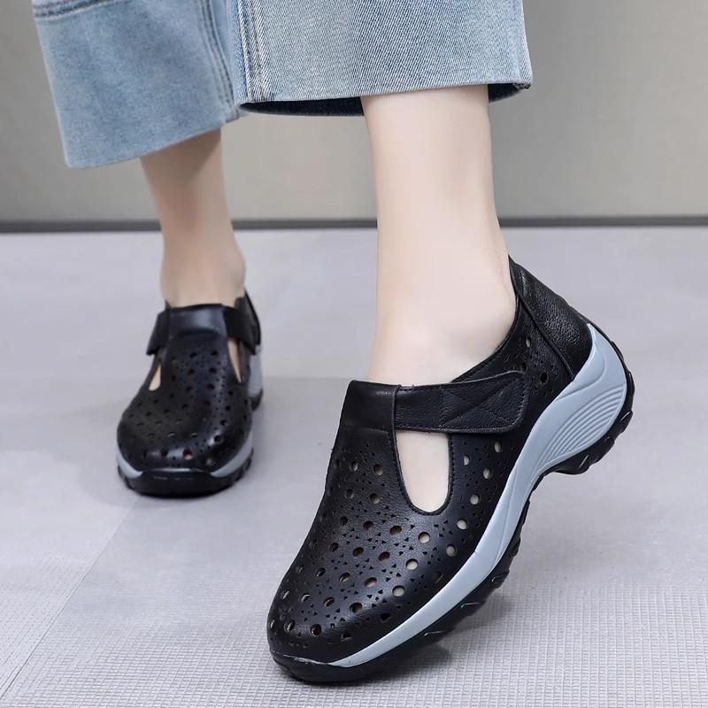 Fashion GKTINOO Women's Shoes Summer 2025 Real Leather Casual Sports Sandals For Women Hollow Wedge Sandals Mom Thick Soled Roman Sandal