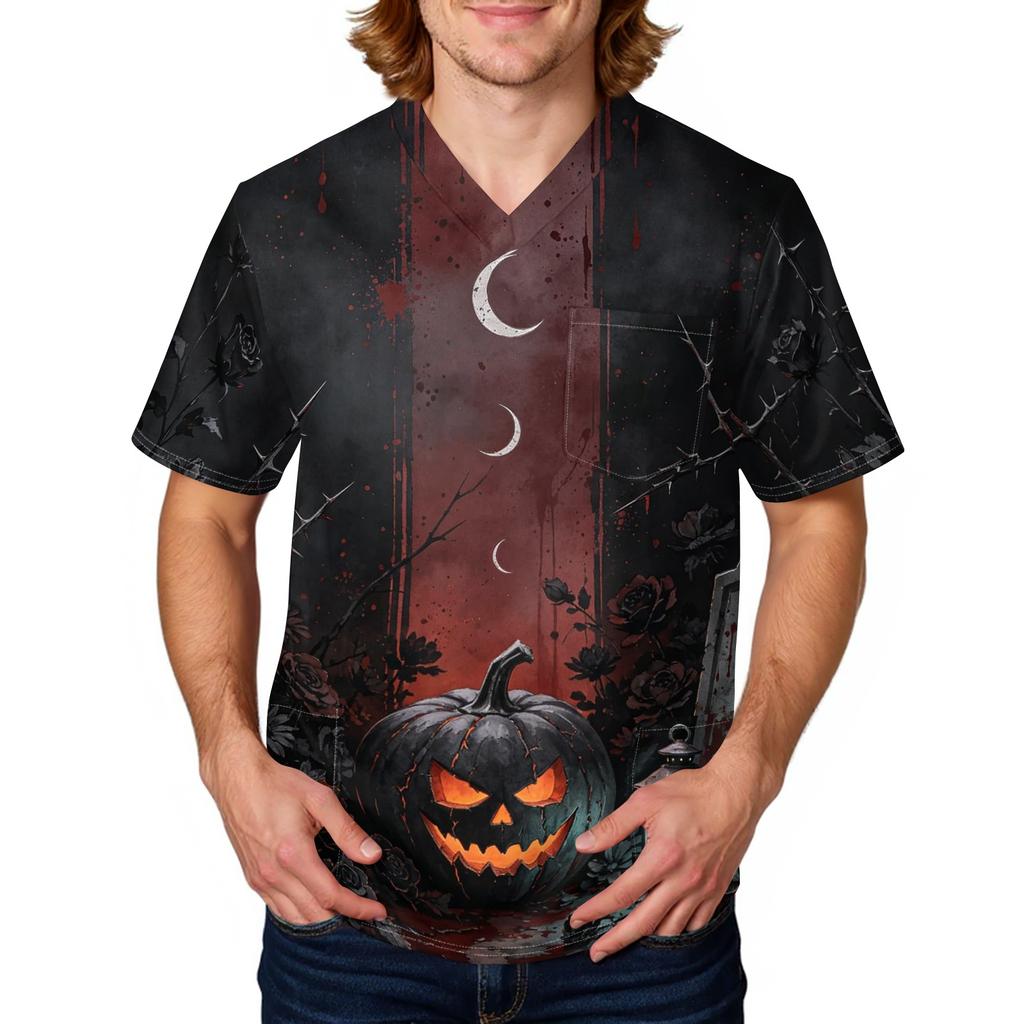 Men's Halloween Print Scrub Top Short Sleeve for Work Uniform