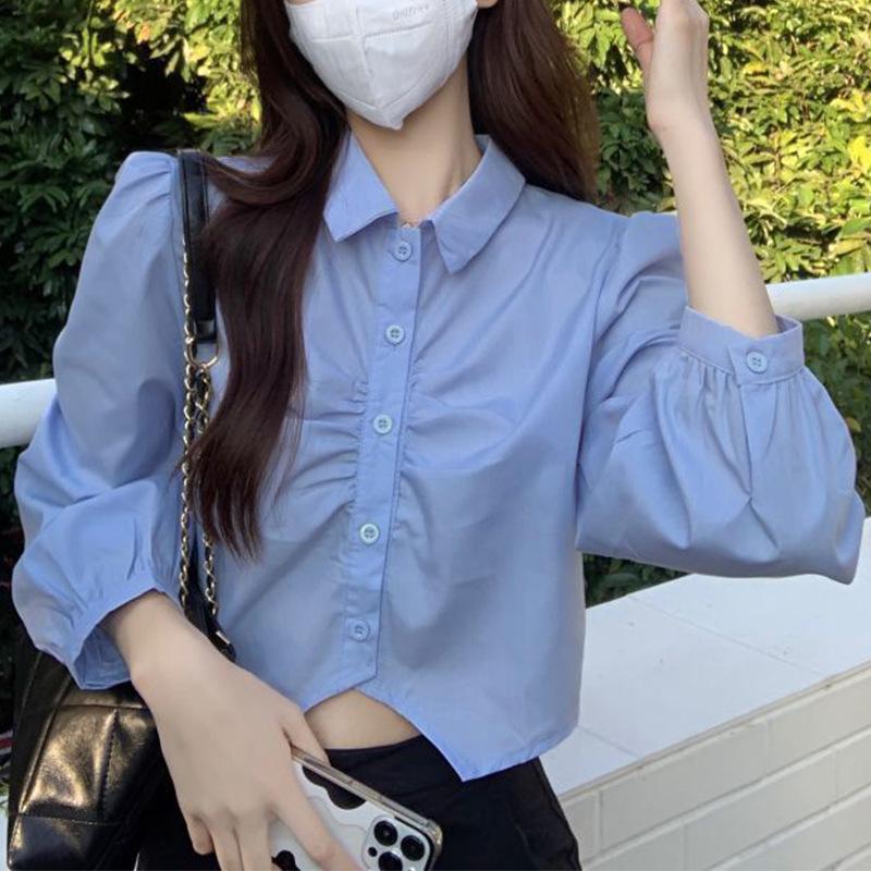 Women's Autumn Solid Colour Cardigan Lapel Long Sleeve Pleated Button Shirt