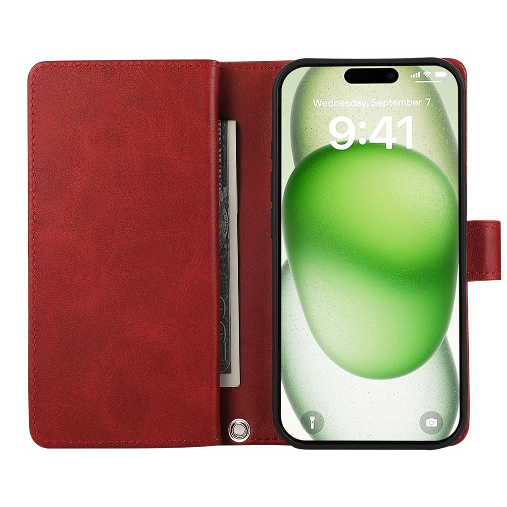 For iPhone 16 Case Split Leather Magnetic Wallet Phone Protector with Wrist Strap