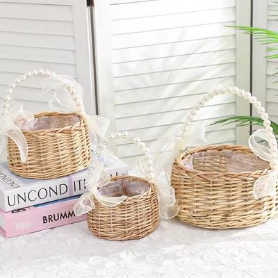 One Wicker Rattan Flower Child Basket with Pearl Handle and Bow Hand Woven Easter Basket Wicker Basket for Weddings (brown)