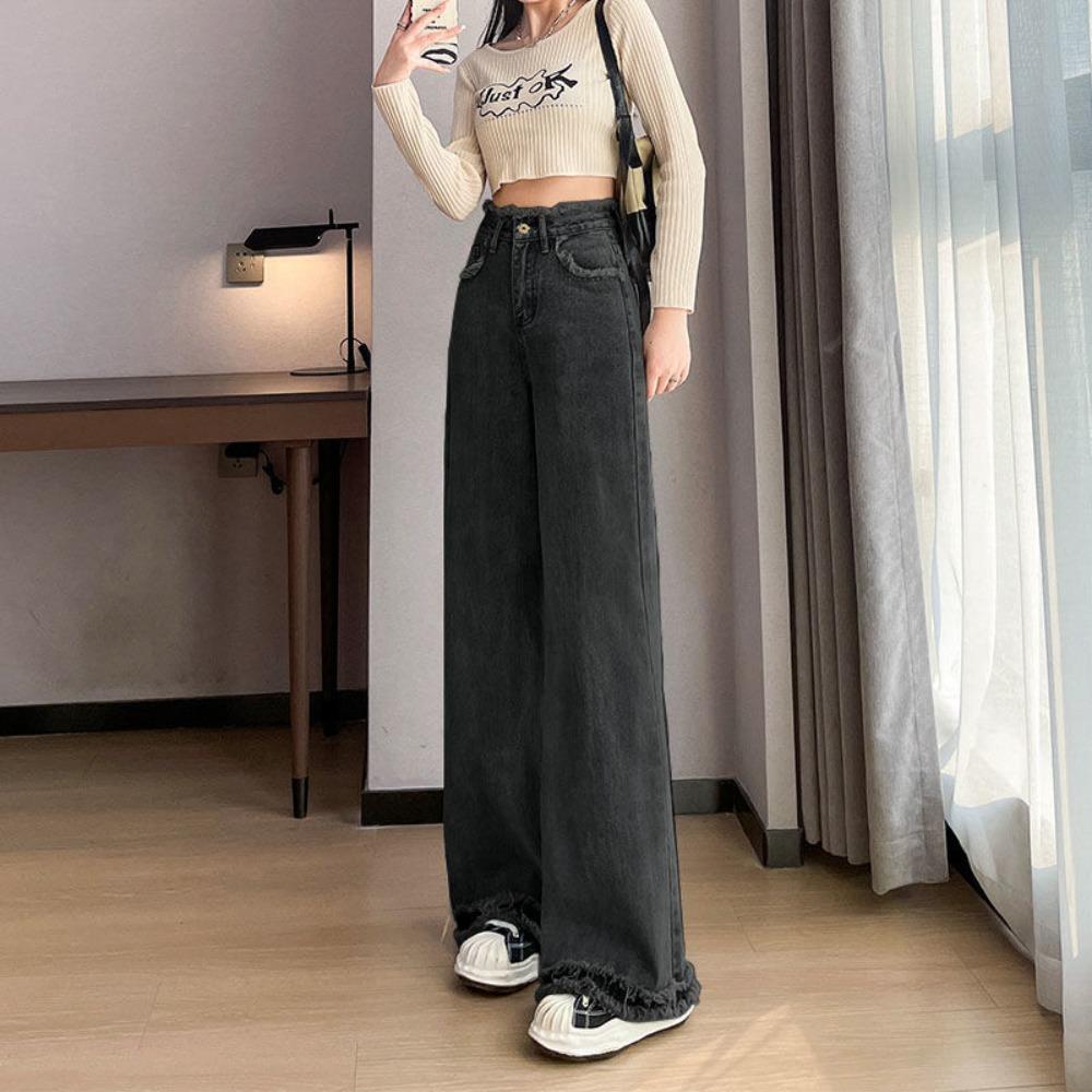 Damen High Waist Weite Beine Jeans Roh Fransen Saum Locker Lässig Lange Jeanshose Für Tägliche Streetwear