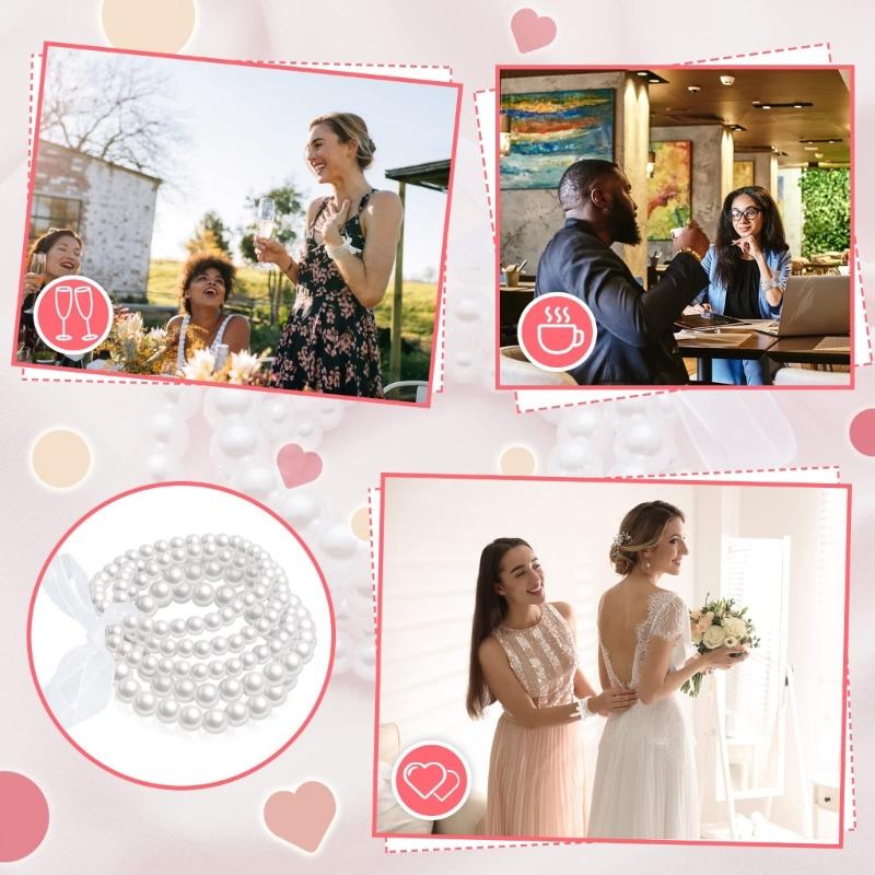 5Pieces Artificial Pearl Bracelet Beaded Stretch Bracelet Stackable Bracelet for Women Bridal Party Wedding Accessories