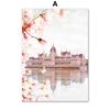 Spring Pink Japanese Sakura Peony Butterfly Flower Orchid Church Building Posters Wall Art Canvas Painting Living Room Decor
