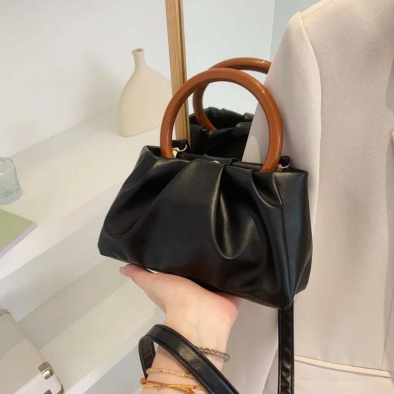 WTEMPO Einfache einfarbige Holzgriff Falten Wolke Kleine Handtaschen Mini Einzelne Schulter Umhängetaschen Handtaschen