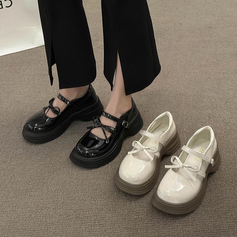 Fashion Black Chunky Platform Mary Jane Shoes for Women 2025 Spring Patent Leather Pumps Woman Thick Bottom Bowknot Lolita Shoes Ladies