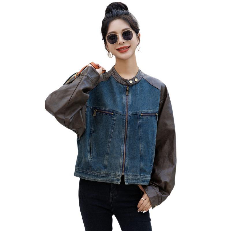 Retro denim spliced leather jacket women's spring new models are popular this year, small short jackets