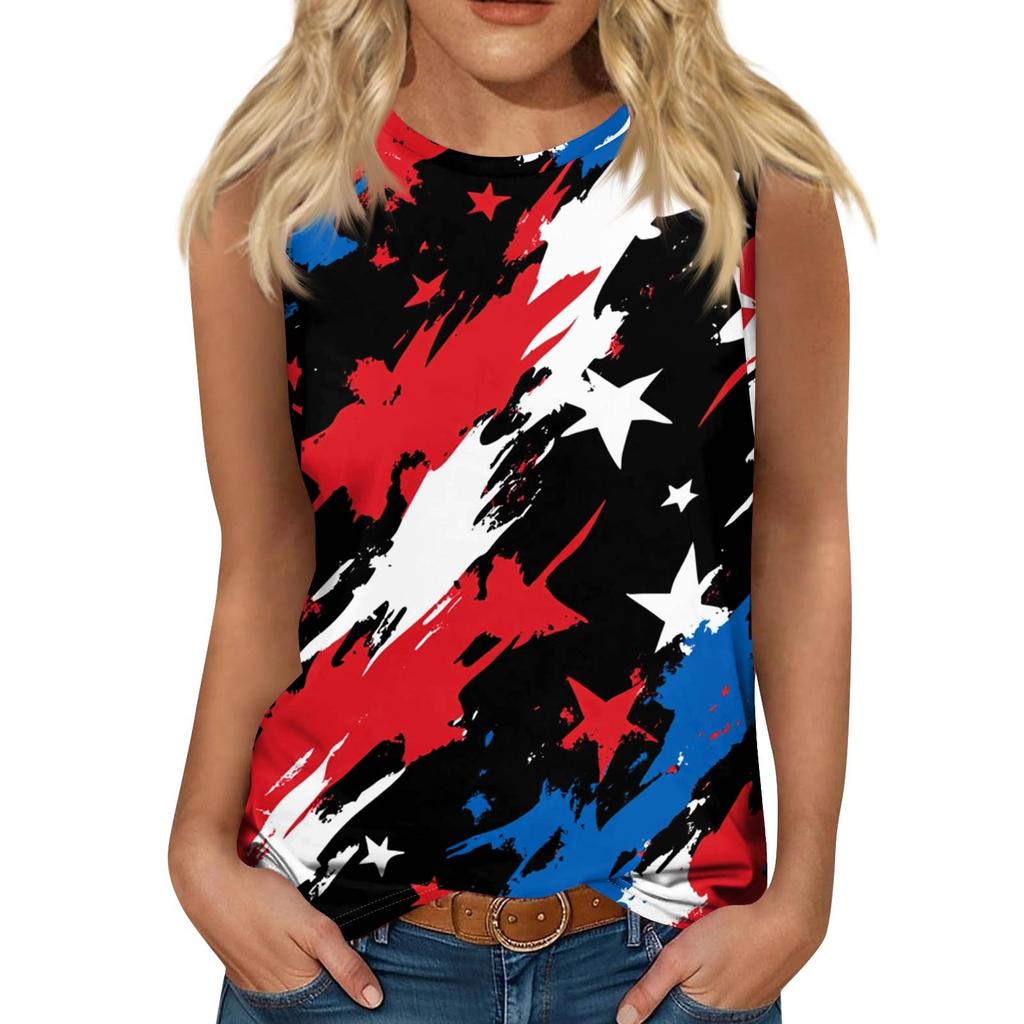 Women's Fashion Casual T-Shirt Round Neck Sleeveless Independence Day Printed Vest Top