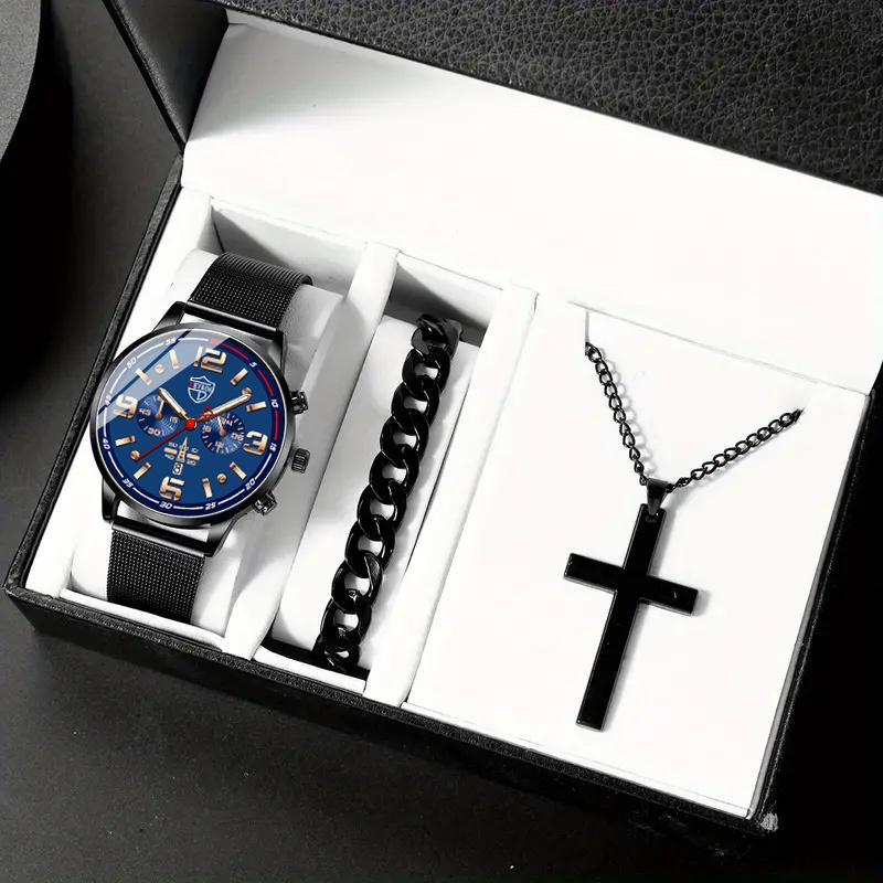 

3 шт./комплект, модные мужские роскошные деловые часы с сетчатым ремешком из нержавеющей стали и комплект из браслета и ожерелья