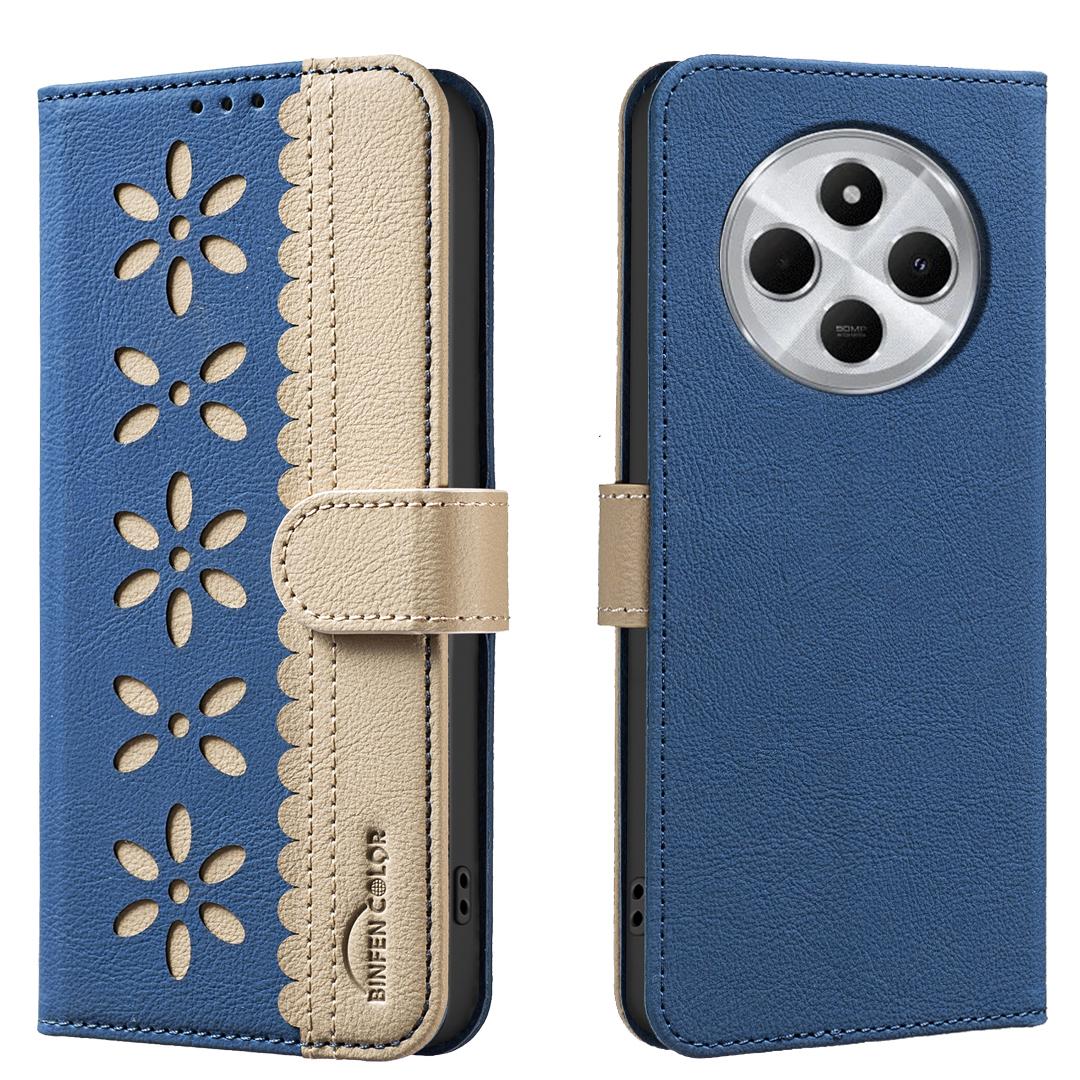 

For Xiaomi Redmi 14C 4G/Xiaomi Poco C75 4G Leather Case BINFEN COLOR BF36 Floral Pattern Phone Cover RFID Blocking Wallet Stand Dark Blue