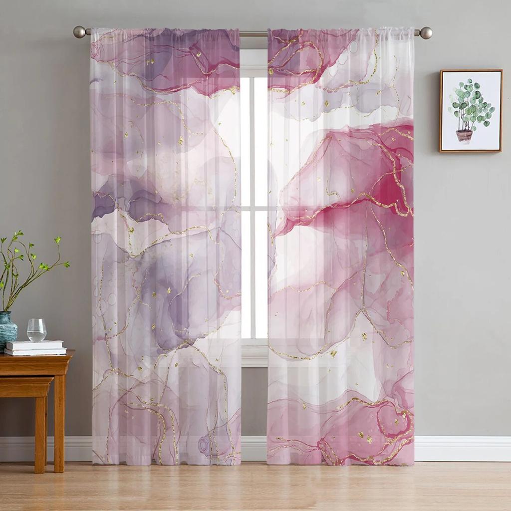 Rideaux transparents en marbre rose aquarelle, pour salon, chambre à coucher moderne, en Tulle, draperies de fenêtre, décor