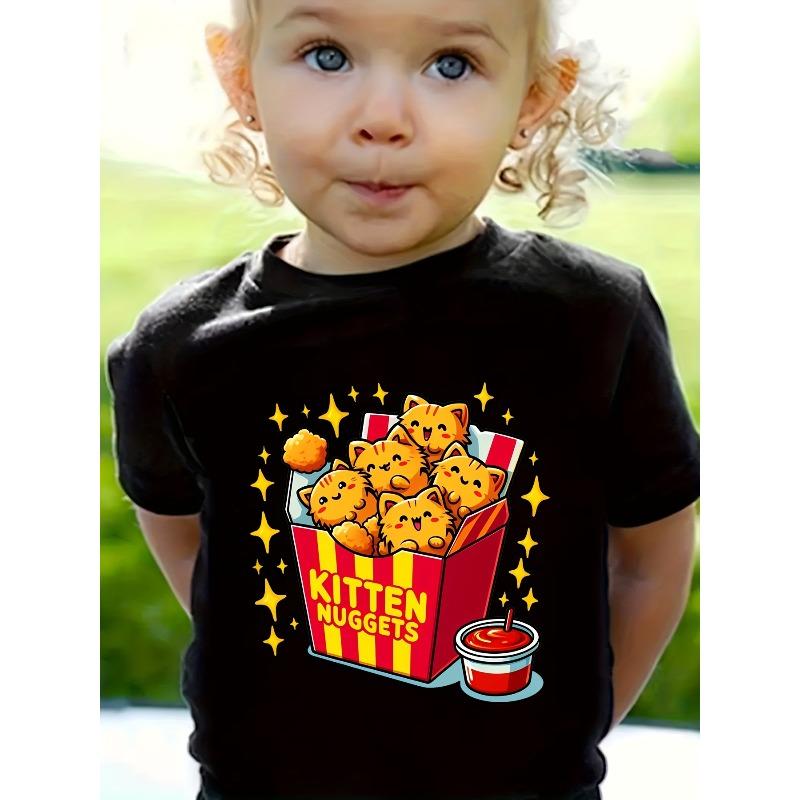 European sizes  KITTEN NUGGETS Cute Cartoon Kitten Nuggets Kitten Biscuits Letter Pattern Print Girl T-Shirt 98cm чёрный