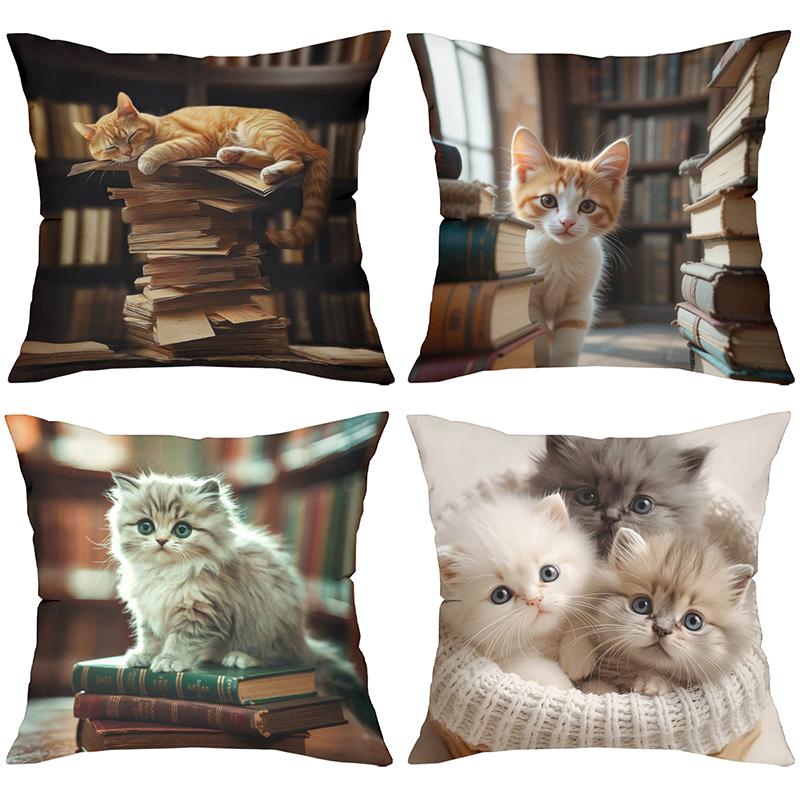Cute Kitten Print Pillows With Books Pattern Polyester pillowcase, sofa decorative cushion cov Headboard Pillow
