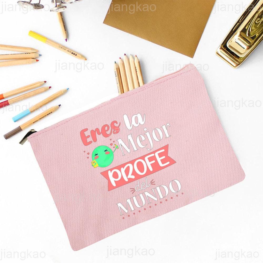 Best Teacher In The Word Spanish Print Pencil Bag School Stationery Supplies Storage Bags Travel Makeup Bag Toiletry Pouch Gifts