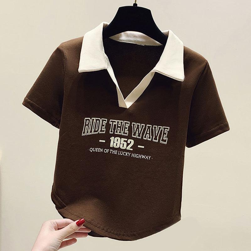 Women's Summer Spicy American Polo Collar Color Block Short Sleeve Irregular Slimming Top