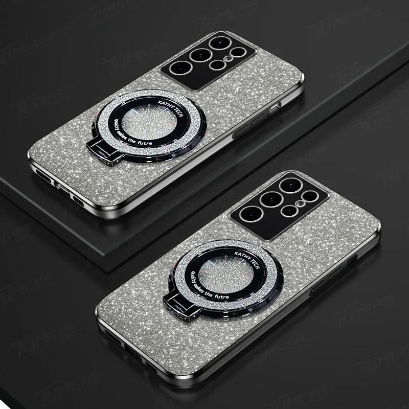 Luxury Glitter Magnetic Ring Stand Phone Case For Samsung S26 S25 Edge S24/23 Ultra Plus FE A57/37/27/17/07/56/36/26/16/06 Cover