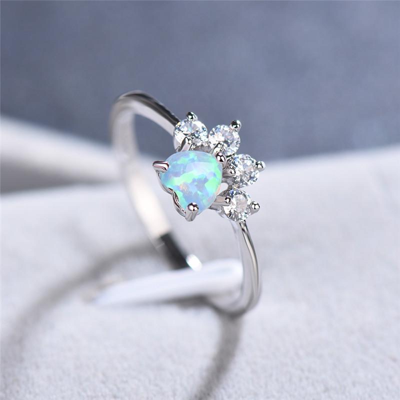 Cute Female Small Blue White Fire Opal Stone Ring  Vintage Dog Cat Paw Claw Heart Wedding Jewelry For Women