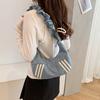 Fashion Denim Hobo Bag Ruched Strap Striped Design Zipper Closure Casual Shoulder Purse for Women