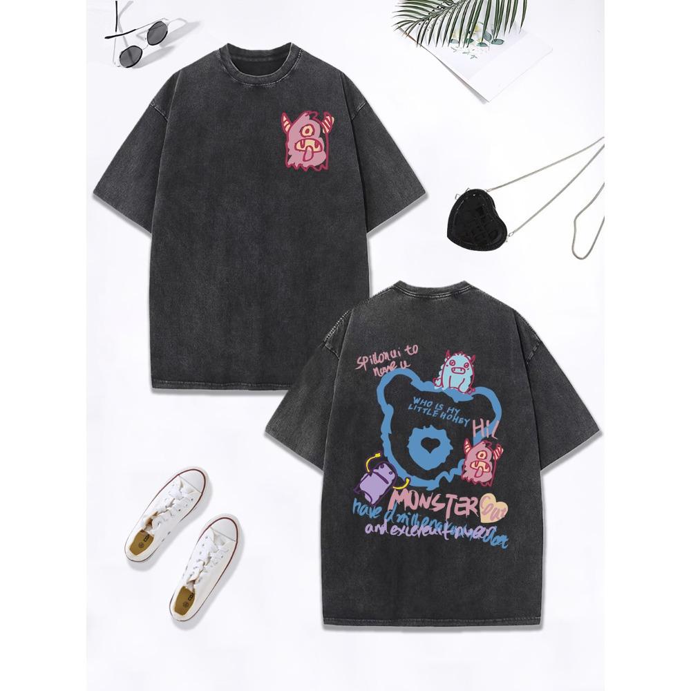 Cute Silly Monster Graffiti Prints Washed T-Shirt Womens Cotton Oversized T Shirts O-Neck Comfortable Tops Womans Clothes