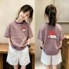Trendy Striped Short-Sleeve T-Shirt Set for Girls Aged 6-12, Loose Patchwork Summer Top