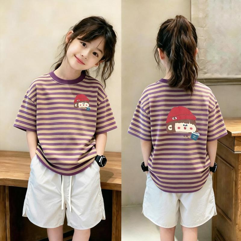 Trendy Striped Short-Sleeve T-Shirt Set for Girls Aged 6-12, Loose Patchwork Summer Top