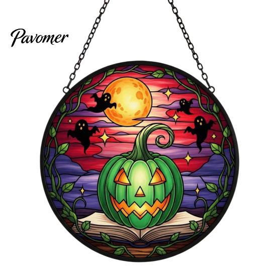 Transparent Light Shadow Effects Halloween Pumpkin Suncatcher, Stained Glass Style Round Window Hanging Ornament, Acrylic Creative Holiday Home