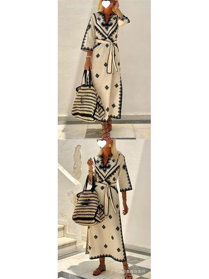 European & American Bohemian Printed Belt Dress - Autumn/Winter Women's Fashion.