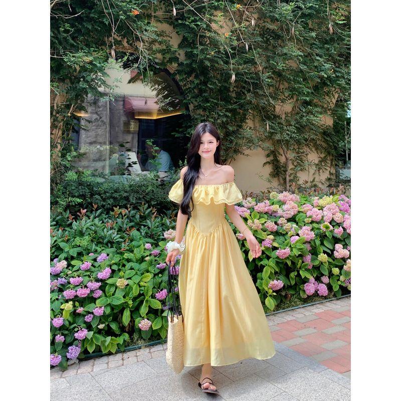 Kumikumi Gentle Style Yellow off-Neck One piece Dress Women clothing Summer Age-Reducing Temperament off-Shoulder Waist Hugging Large Swing Skirt