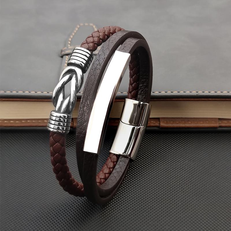 Classic Men's Brown Multi-layer Leather Bracelet Winding Design Punk Stainless Steel Magnet Clasp Bangle Male Jewelry Gifts